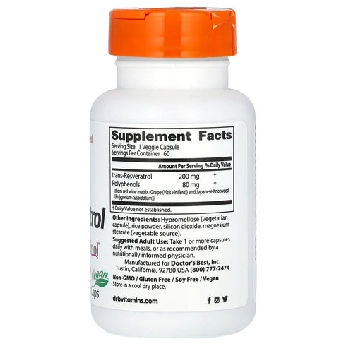 Image of Trans-Resveratrol 200 with ResVinol-25 60caps supplement facts